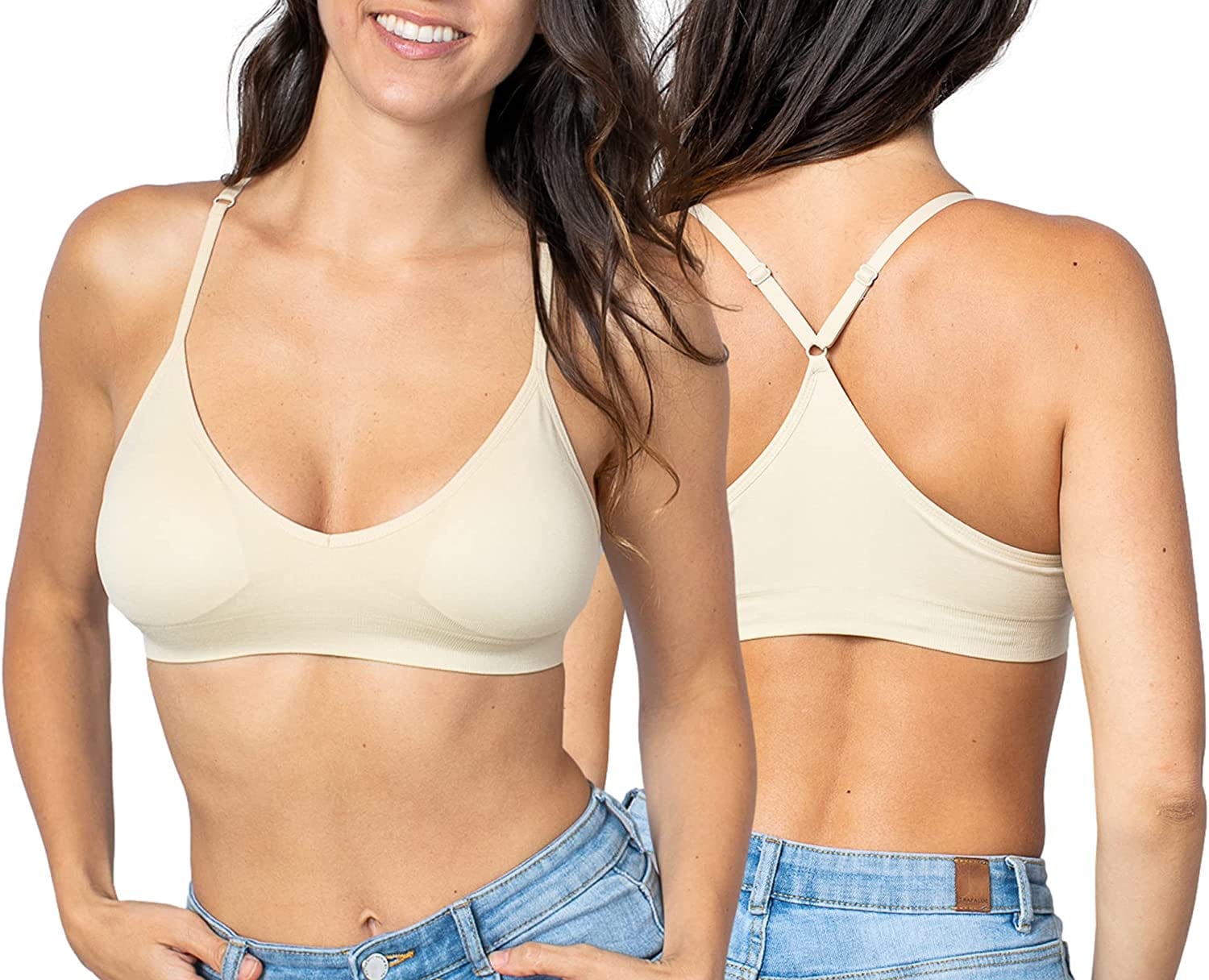 Women'S Racerback Bralette Sexy Everyday Basic Deep V-Neck Wireless W/Removable Padding Bra 1 Pc -Beige / Large