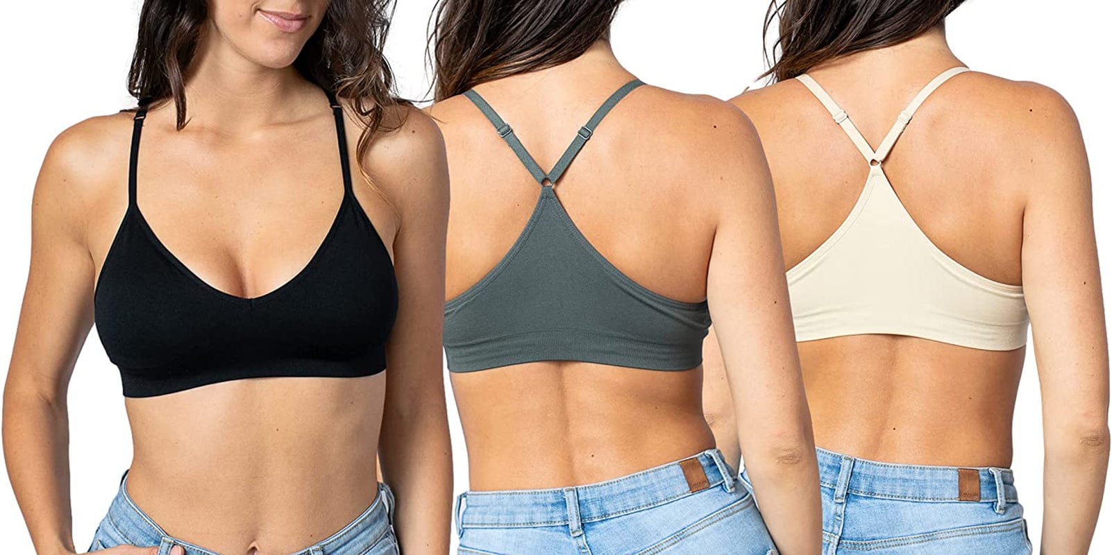 Women'S Racerback Bralette Sexy Everyday Basic Deep V-Neck Wireless W/Removable Padding Bra 3 Pack: Black Beige Charcoal / Large