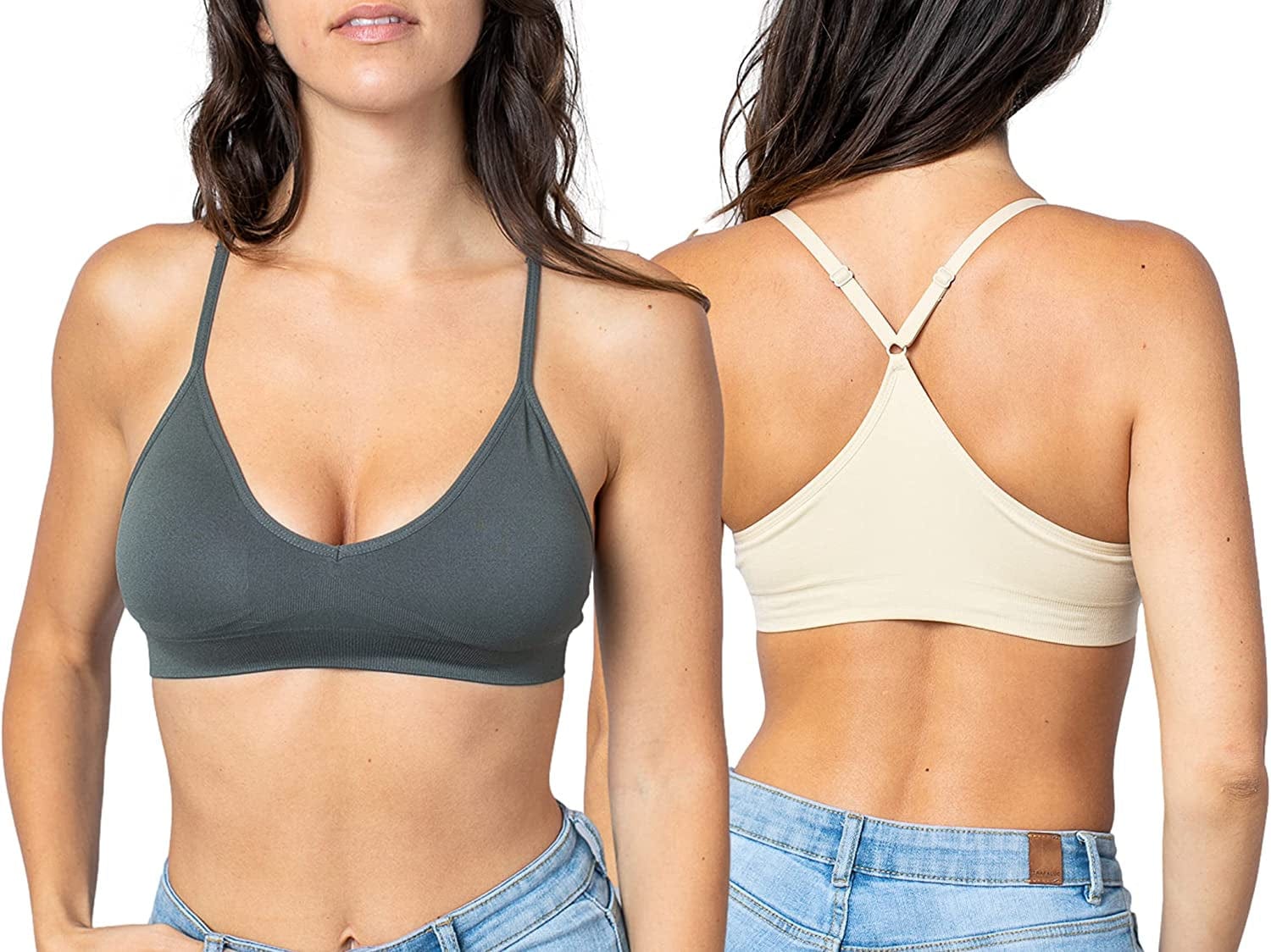 Women'S Racerback Bralette Sexy Everyday Basic Deep V-Neck Wireless W/Removable Padding Bra 2 Pack: Beige & Charcoal / Large