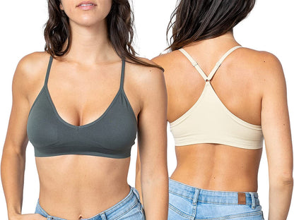 Women'S Racerback Bralette Sexy Everyday Basic Deep V-Neck Wireless W/Removable Padding Bra 2 Pack: Beige & Charcoal / Large