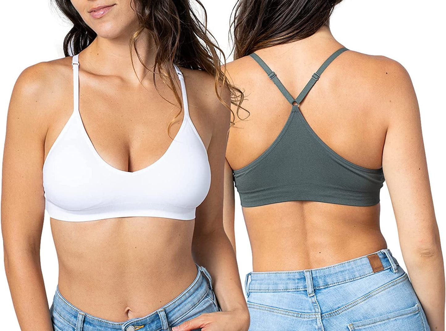 Women'S Racerback Bralette Sexy Everyday Basic Deep V-Neck Wireless W/Removable Padding Bra 2 Pack: White & Charcoal / Large