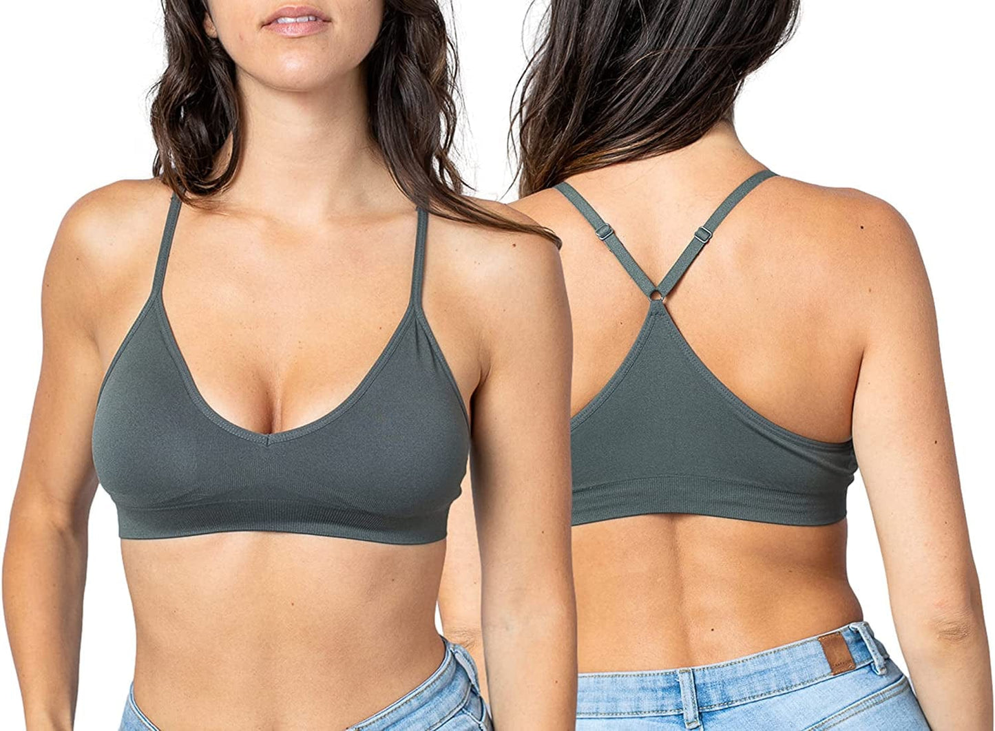 Women'S Racerback Bralette Sexy Everyday Basic Deep V-Neck Wireless W/Removable Padding Bra 1pc - Charcoal / Large
