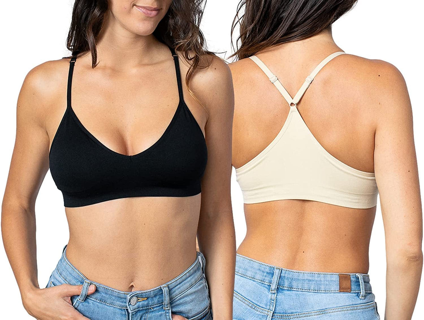 Women'S Racerback Bralette Sexy Everyday Basic Deep V-Neck Wireless W/Removable Padding Bra 2 Pack: Black & Beige / Large