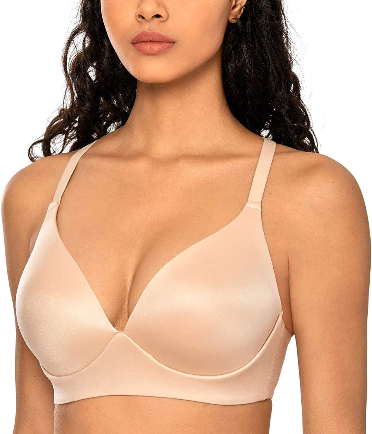 Women'S Racerback Bralette Wireless Plunge Triangle Lightly Padded Bra Beige / 34A