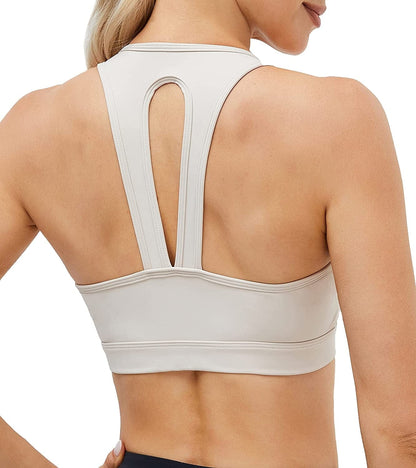 Women'S Racerback Sports Fitness Support Workout Running Bras Open Back Khaki Sand / X-Large