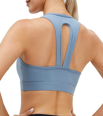 Women'S Racerback Sports Fitness Support Workout Running Bras Open Back Denim Blue / Large