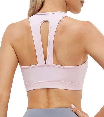 Women'S Racerback Sports Fitness Support Workout Running Bras Open Back Pink / Medium