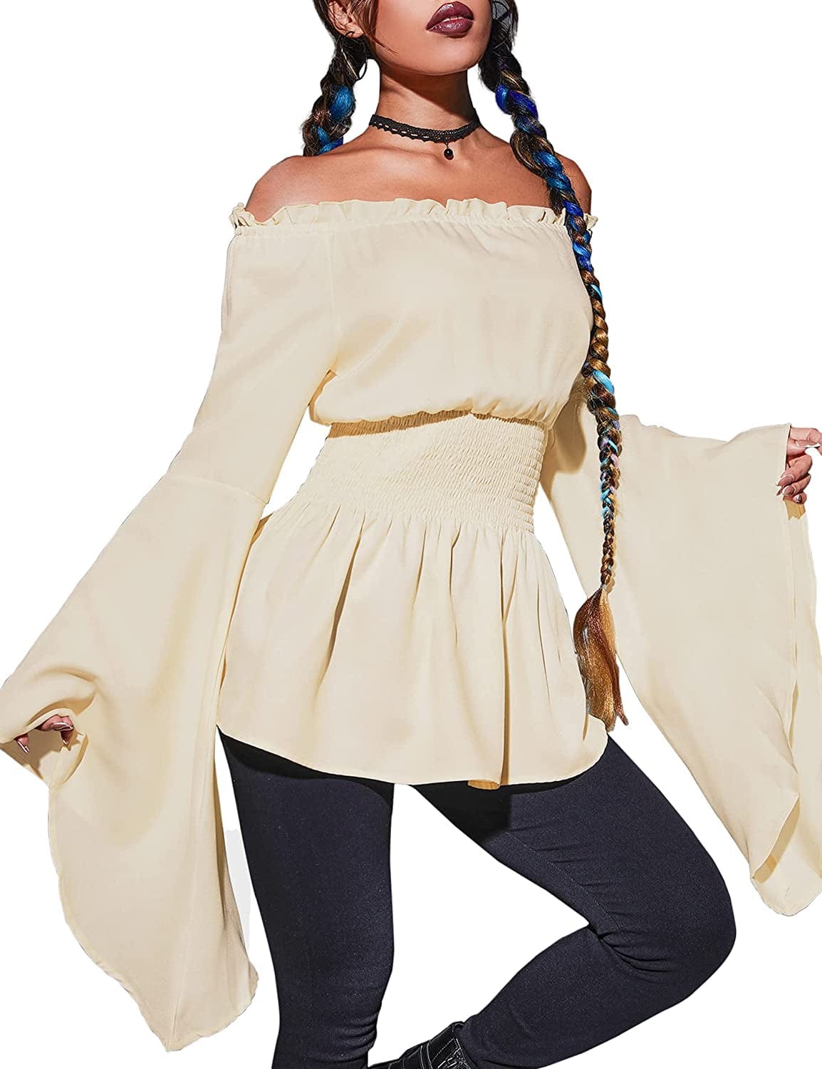 Women'S Renaissance off the Shoulder Blouses Gothic Smocked Peasant Shirts Long Sleeve Medieval Boho Shirt Tops Apricot / Medium