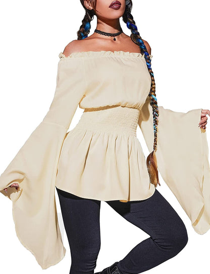 Women'S Renaissance off the Shoulder Blouses Gothic Smocked Peasant Shirts Long Sleeve Medieval Boho Shirt Tops Apricot / Medium