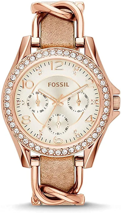 Women'S Riley Stainless Steel Crystal-Accented Multifunction Quartz Watch Rose Gold, Tan