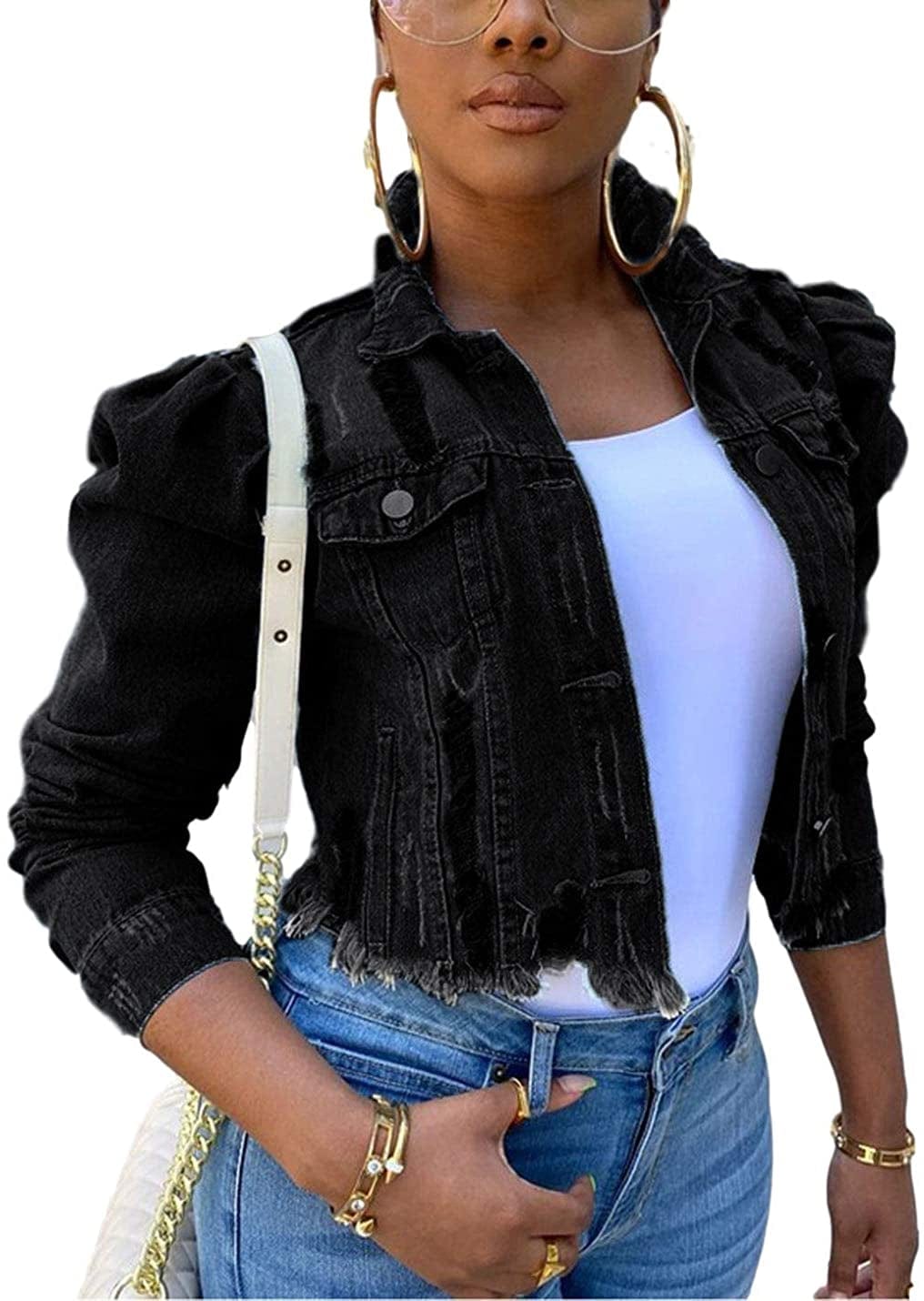 Women'S Ripped Puff Sleeve Denim Crop Top Long-Sleeve Cropped Jean Jacket Black / 3X-Large