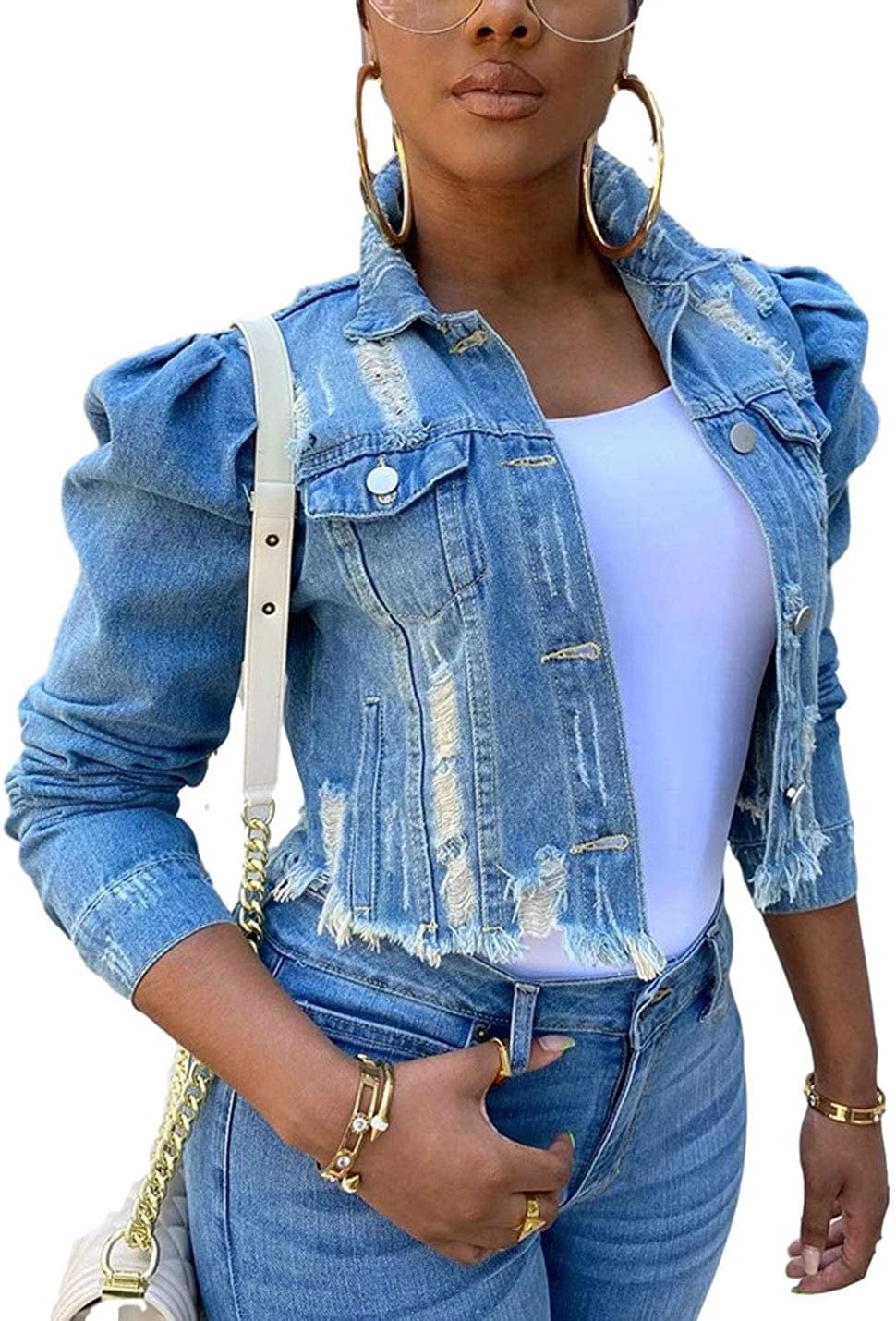 Women'S Ripped Puff Sleeve Denim Crop Top Long-Sleeve Cropped Jean Jacket Blue / 3X-Large