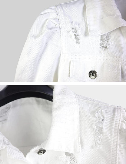 Women'S Ripped Puff Sleeve Denim Crop Top Long-Sleeve Cropped Jean Jacket