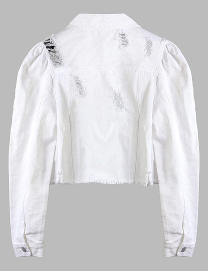 Women'S Ripped Puff Sleeve Denim Crop Top Long-Sleeve Cropped Jean Jacket