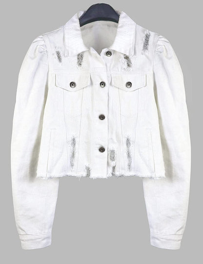 Women'S Ripped Puff Sleeve Denim Crop Top Long-Sleeve Cropped Jean Jacket