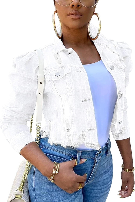 Women'S Ripped Puff Sleeve Denim Crop Top Long-Sleeve Cropped Jean Jacket White / 3X-Large