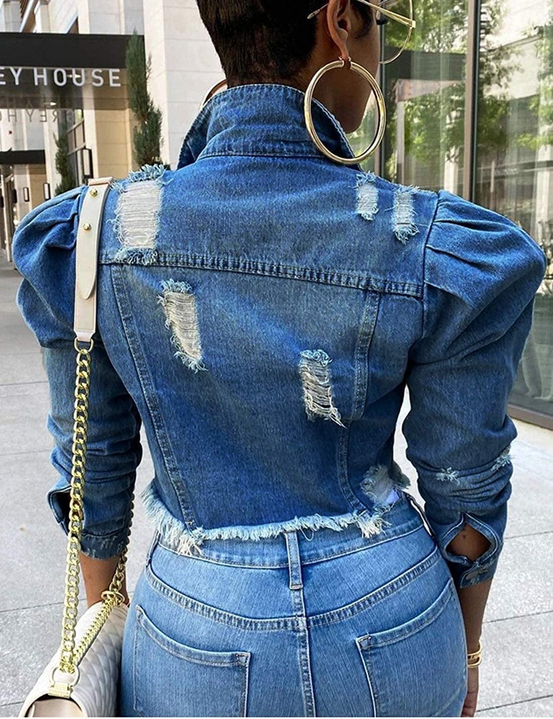 Women'S Ripped Puff Sleeve Denim Crop Top Long-Sleeve Cropped Jean Jacket