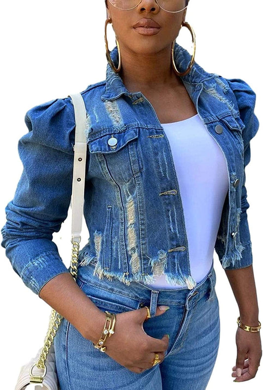 Women'S Ripped Puff Sleeve Denim Crop Top Long-Sleeve Cropped Jean Jacket Dark Blue / 3X-Large