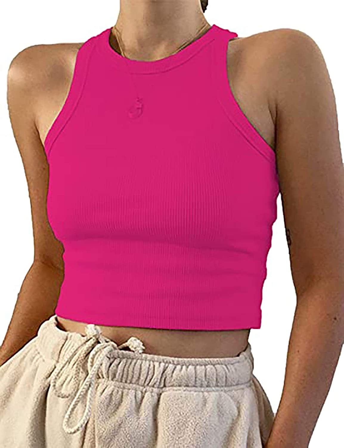 Women'S round Neck Basic Racerback Camisole Rib-Knit Solid Sleeveless Crop Tank Tops Fuchia / X-Small