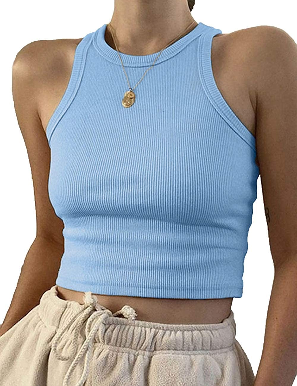 Women'S round Neck Basic Racerback Camisole Rib-Knit Solid Sleeveless Crop Tank Tops Sky Blue / X-Small