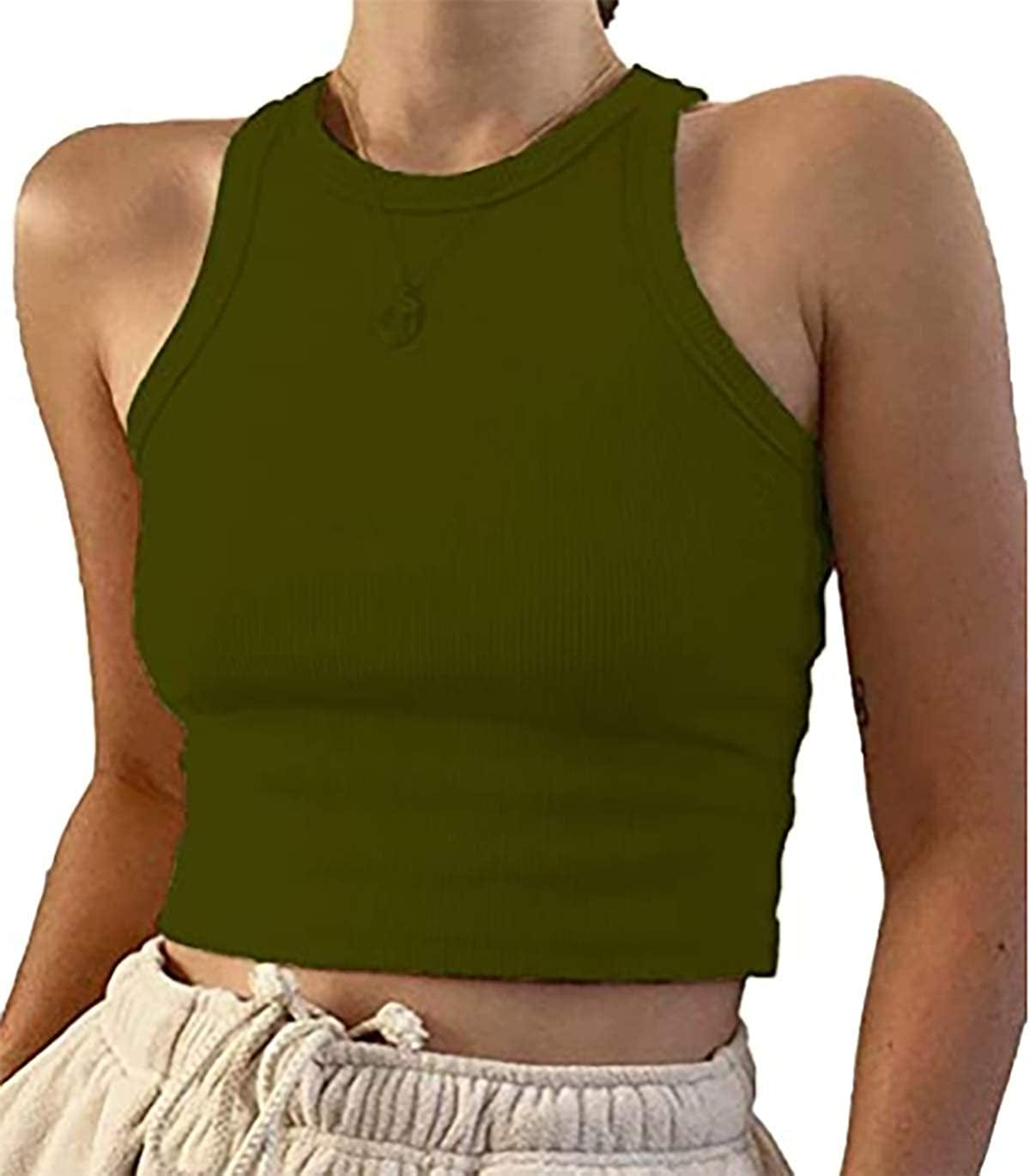 Women'S round Neck Basic Racerback Camisole Rib-Knit Solid Sleeveless Crop Tank Tops Armygreen / X-Small