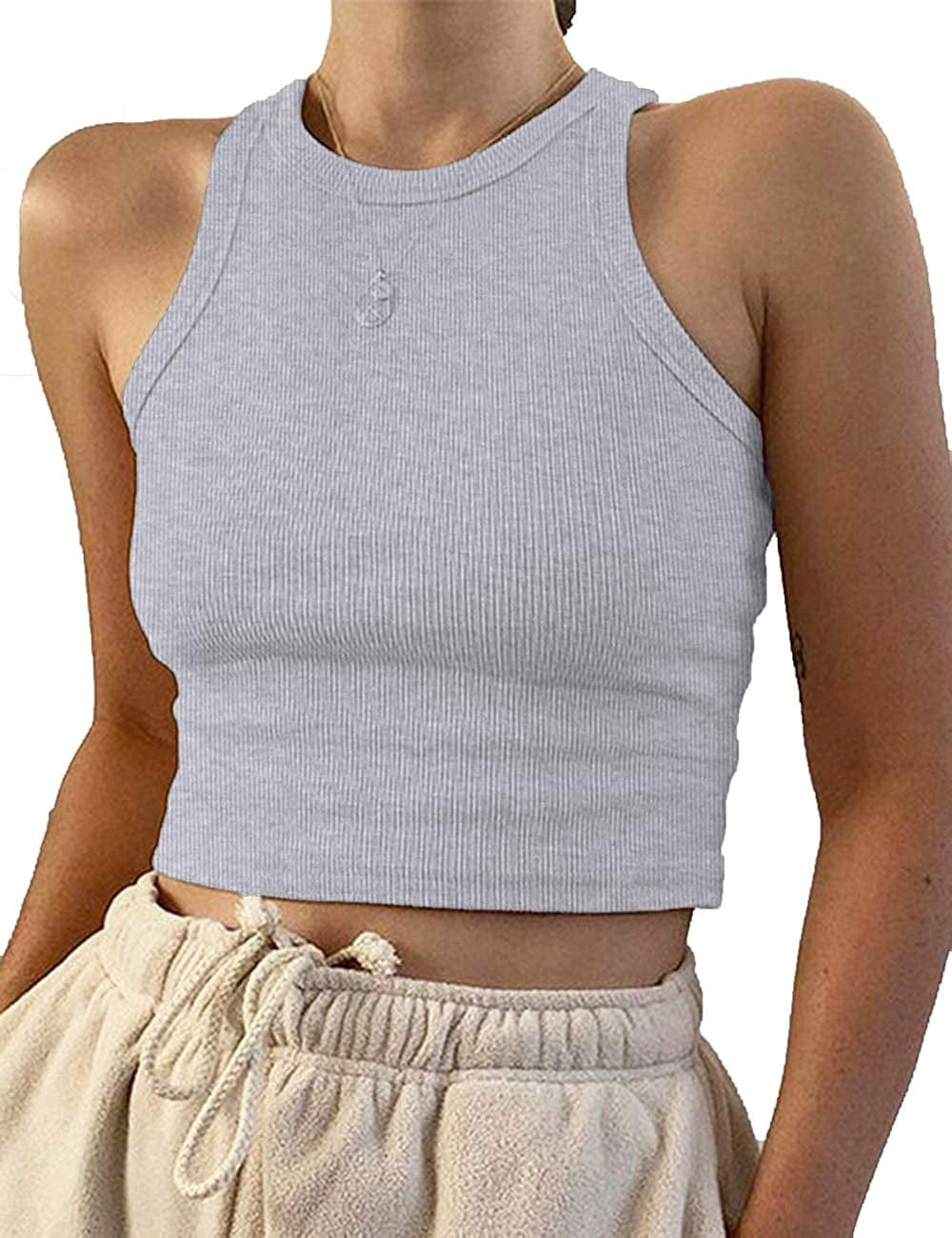 Women'S round Neck Basic Racerback Camisole Rib-Knit Solid Sleeveless Crop Tank Tops Grey / X-Small