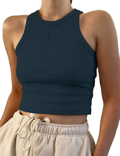 Women'S round Neck Basic Racerback Camisole Rib-Knit Solid Sleeveless Crop Tank Tops Bluish Green / X-Small