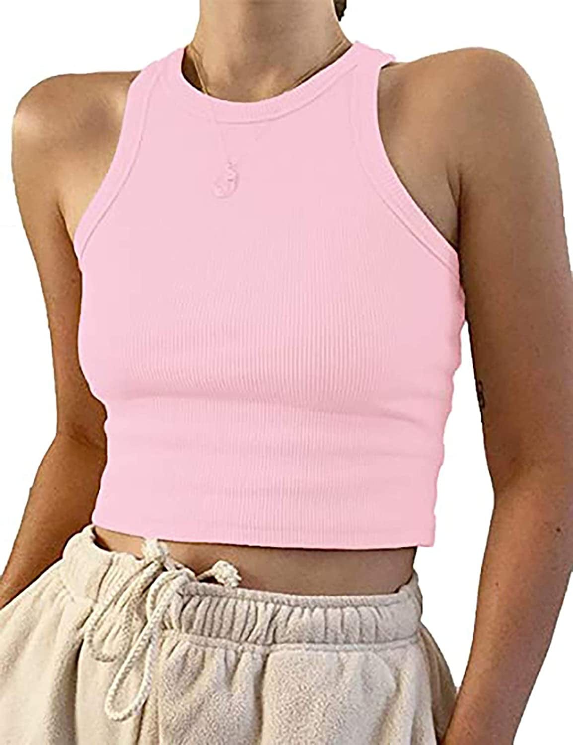 Women'S round Neck Basic Racerback Camisole Rib-Knit Solid Sleeveless Crop Tank Tops Light Pink / X-Small