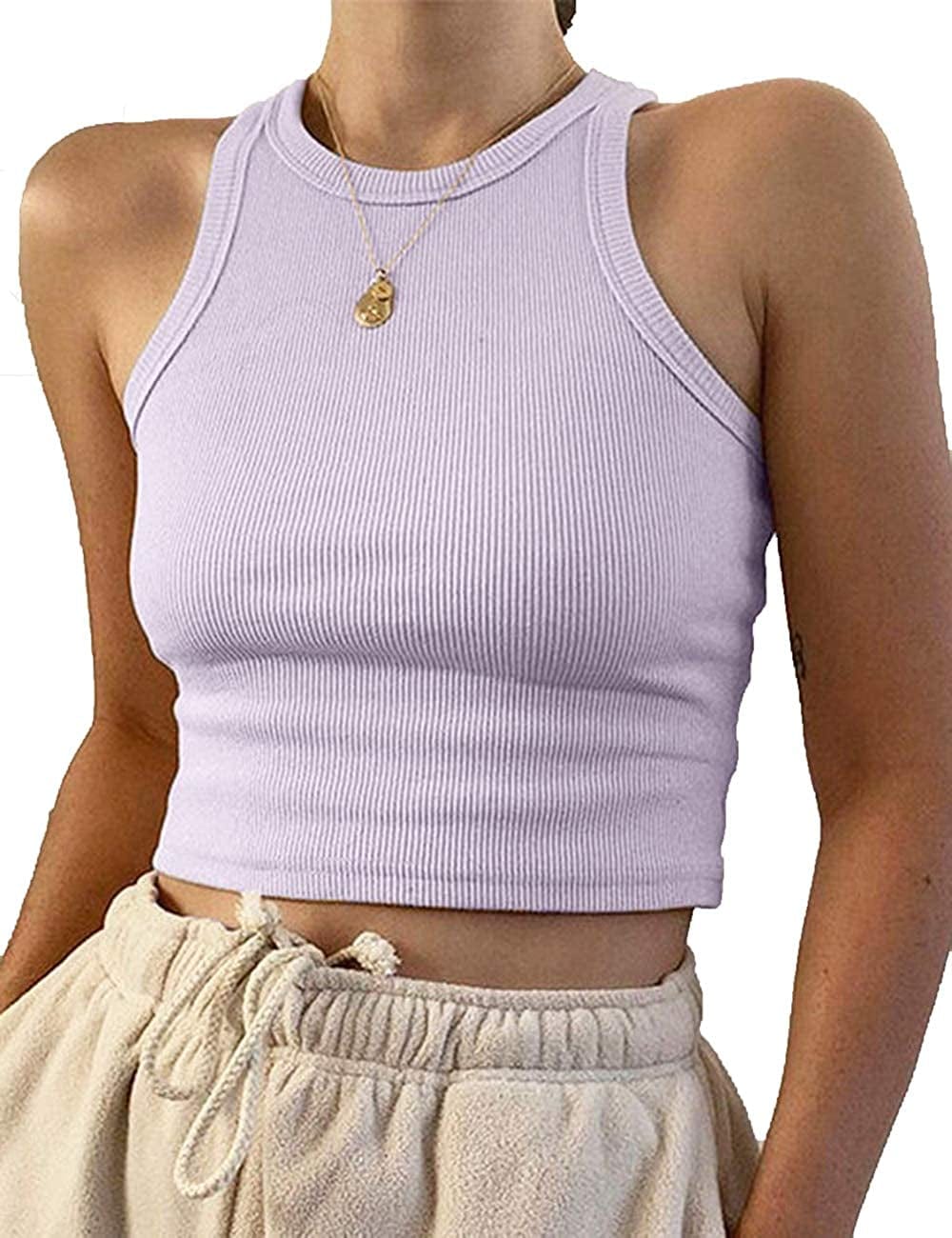 Women'S round Neck Basic Racerback Camisole Rib-Knit Solid Sleeveless Crop Tank Tops Purple / X-Small