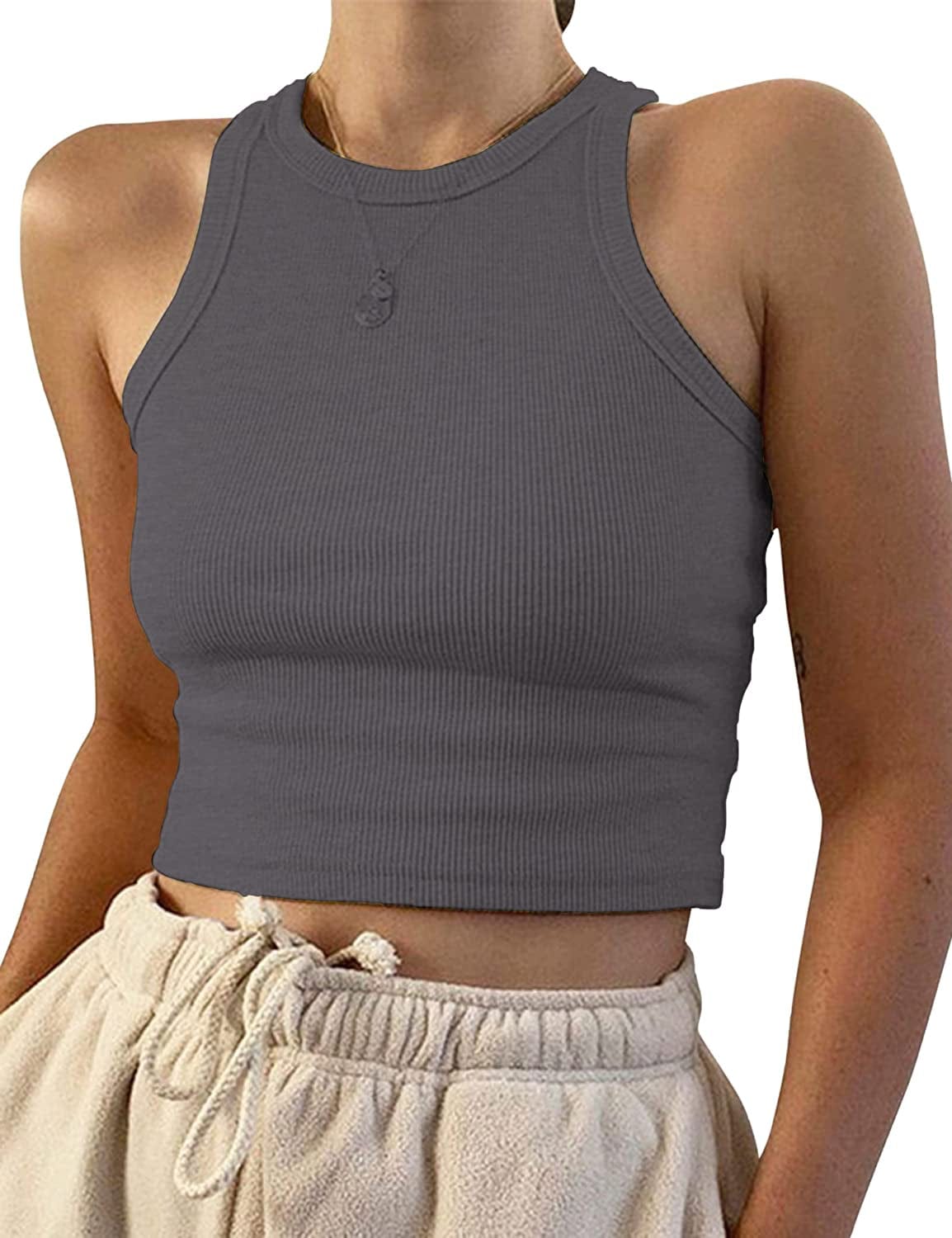 Women'S round Neck Basic Racerback Camisole Rib-Knit Solid Sleeveless Crop Tank Tops Smoke Grey / X-Small