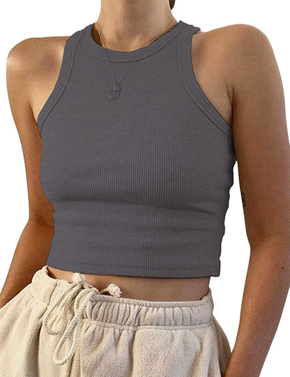 Women'S round Neck Basic Racerback Camisole Rib-Knit Solid Sleeveless Crop Tank Tops Smoke Grey / X-Small