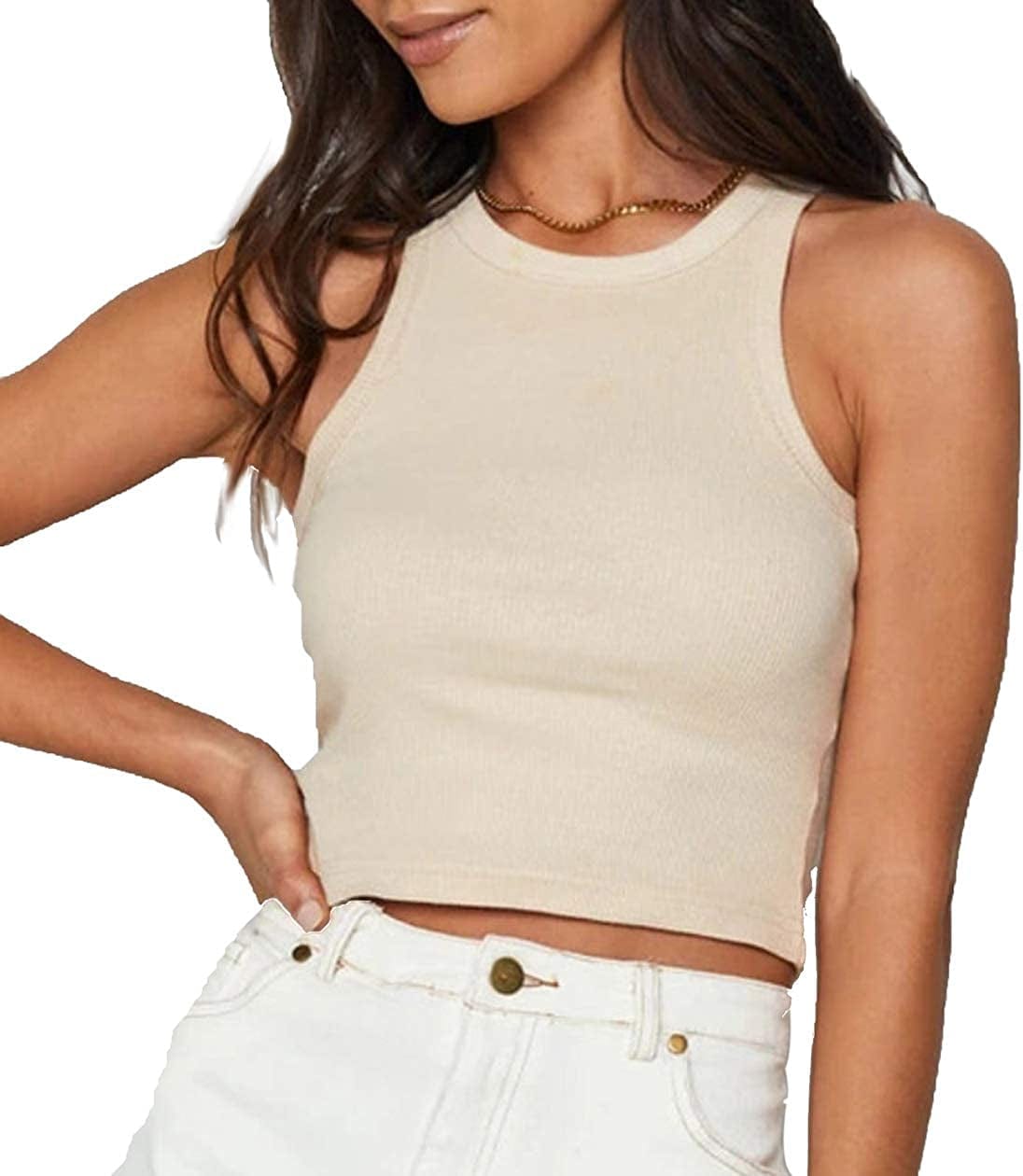 Women'S round Neck Basic Racerback Camisole Rib-Knit Solid Sleeveless Crop Tank Tops Apricot / X-Small