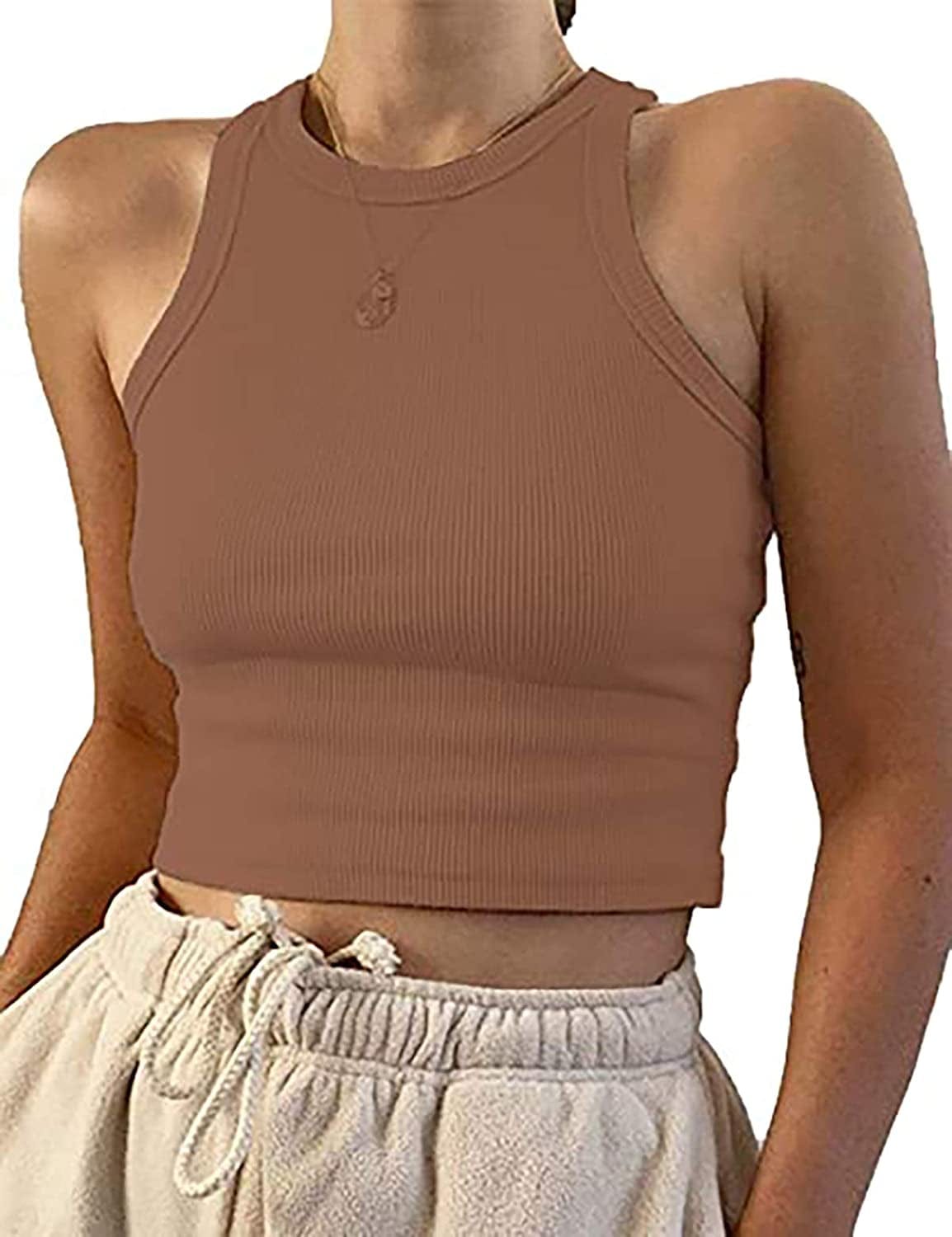 Women'S round Neck Basic Racerback Camisole Rib-Knit Solid Sleeveless Crop Tank Tops Brown / X-Small