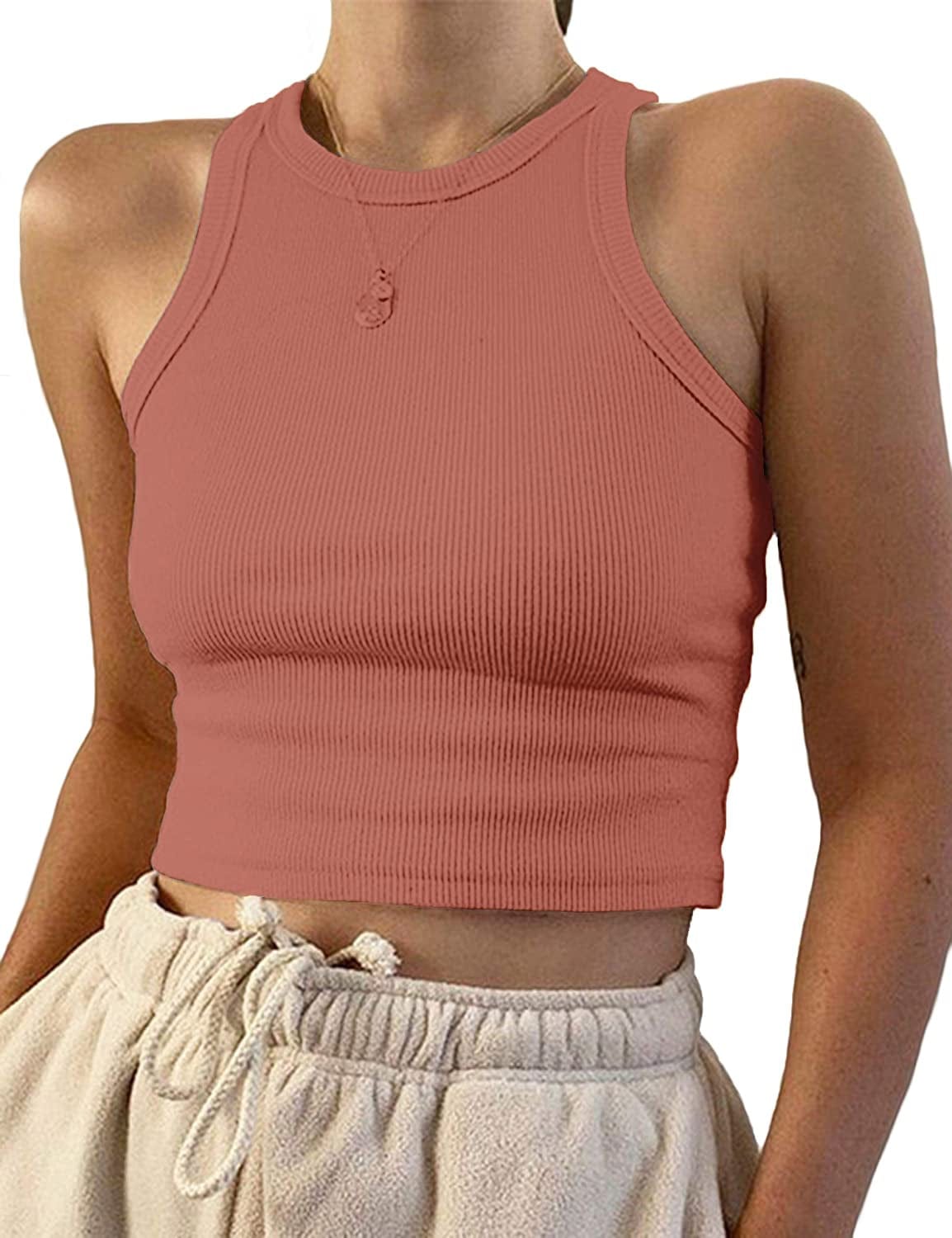 Women'S round Neck Basic Racerback Camisole Rib-Knit Solid Sleeveless Crop Tank Tops Rosybeige / X-Small