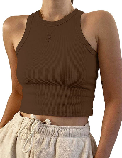Women'S round Neck Basic Racerback Camisole Rib-Knit Solid Sleeveless Crop Tank Tops Coffee / X-Small