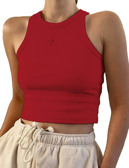 Women'S round Neck Basic Racerback Camisole Rib-Knit Solid Sleeveless Crop Tank Tops Red / X-Small
