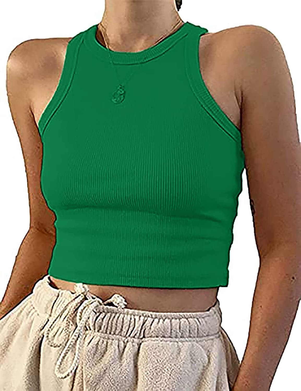 Women'S round Neck Basic Racerback Camisole Rib-Knit Solid Sleeveless Crop Tank Tops Green / X-Small