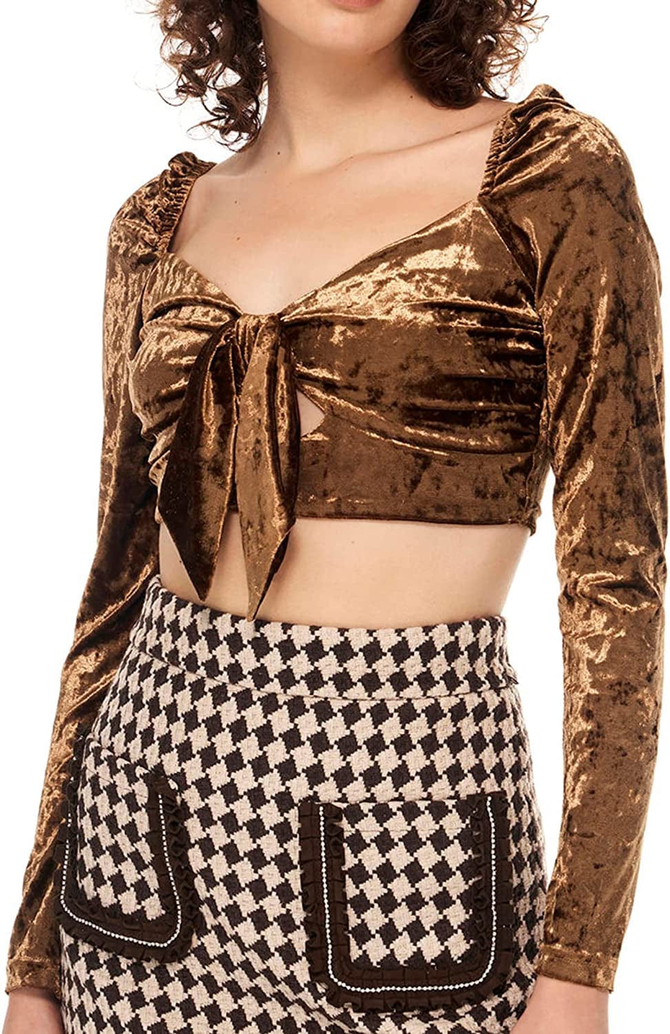 Women'S Ruffle Long Sleeve off Shoulder Tie up Back Crop Top Blouse Brown / Small
