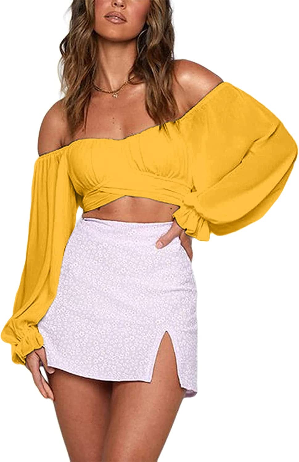 Women'S Ruffle Long Sleeve off Shoulder Tie up Back Crop Top Blouse Yellow / Small