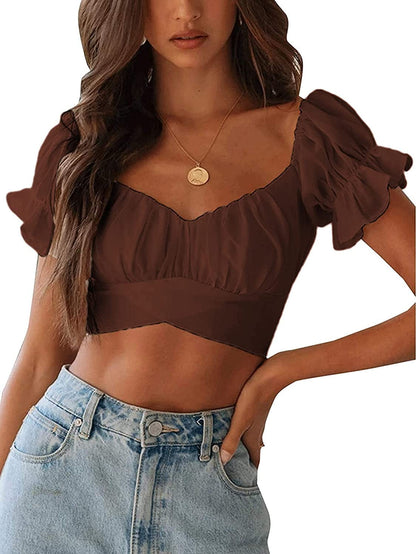 Women'S Ruffle Short Sleeve off Shoulder Tie up Back Crop Blouse Top Brown / X-Large