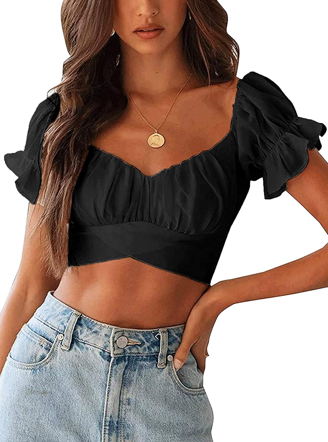 Women'S Ruffle Short Sleeve off Shoulder Tie up Back Crop Blouse Top Black / Small