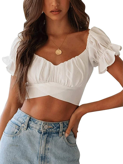 Women'S Ruffle Short Sleeve off Shoulder Tie up Back Crop Blouse Top White / Small