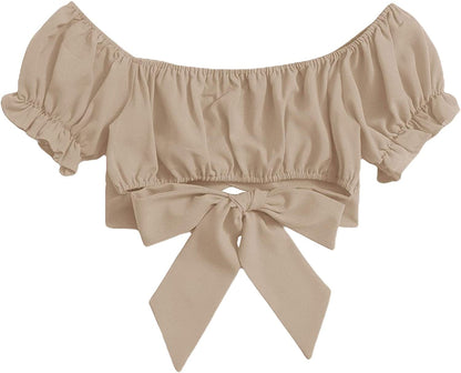 Women'S Ruffle Short Sleeve off Shoulder Tie up Back Crop Blouse Top