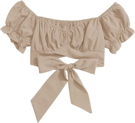 Women'S Ruffle Short Sleeve off Shoulder Tie up Back Crop Blouse Top Apricot / Small