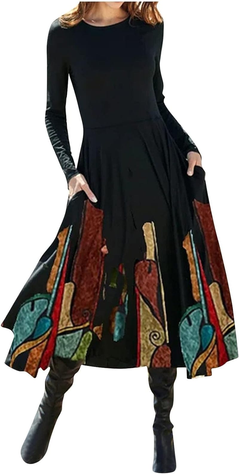 Women'S ’S Fall Dresses Fashion Casual Printed round Neck Pullover Long Sleeve Dress Formal, S-2XL Black / X-Large
