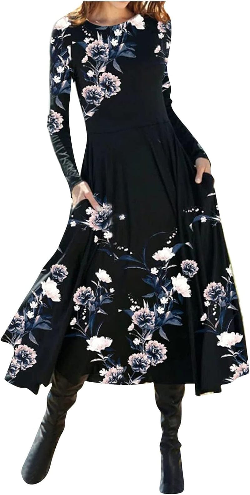 Women'S ’S Fall Dresses Fashion Casual Printed round Neck Pullover Long Sleeve Dress Formal, S-2XL Dark Blue / Medium