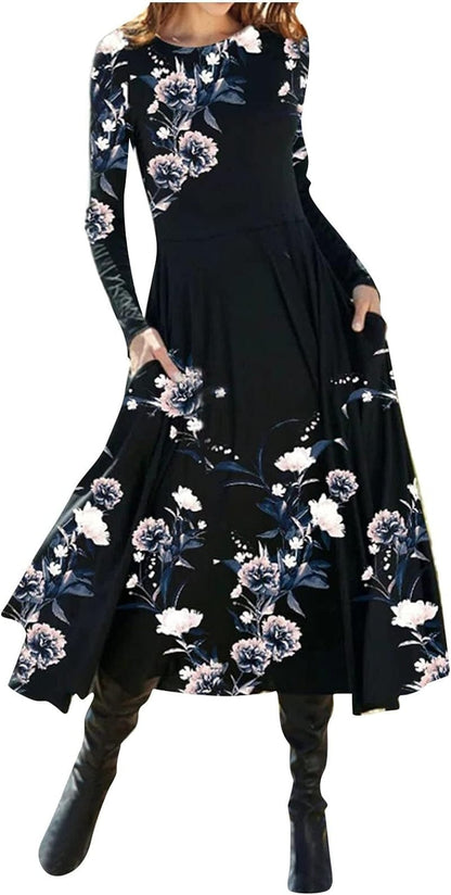 Women'S ’S Fall Dresses Fashion Casual Printed round Neck Pullover Long Sleeve Dress Formal, S-2XL Dark Blue / Medium