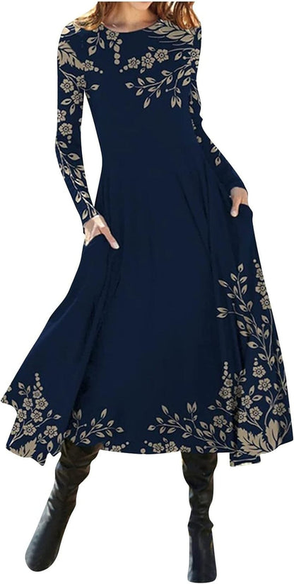 Women'S ’S Fall Dresses Fashion Casual Printed round Neck Pullover Long Sleeve Dress Formal, S-2XL Blue / X-Large