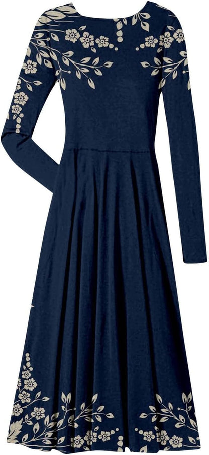 Women'S ’S Fall Dresses Fashion Casual Printed round Neck Pullover Long Sleeve Dress Formal, S-2XL