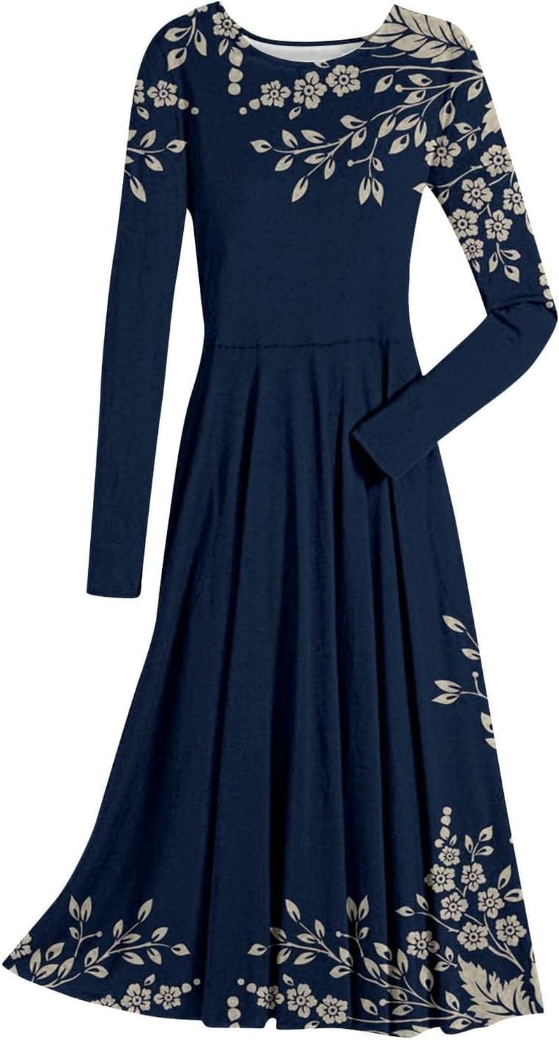 Women'S ’S Fall Dresses Fashion Casual Printed round Neck Pullover Long Sleeve Dress Formal, S-2XL